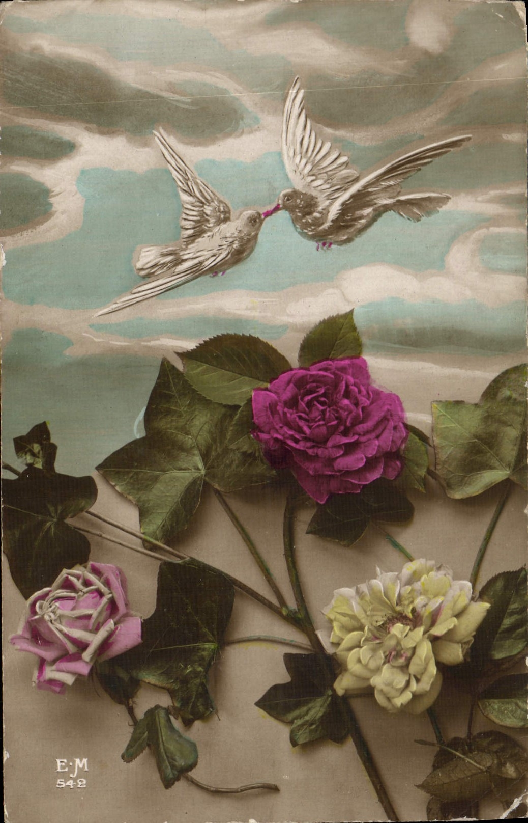 CPA Fantaisie Fleurs Colombe