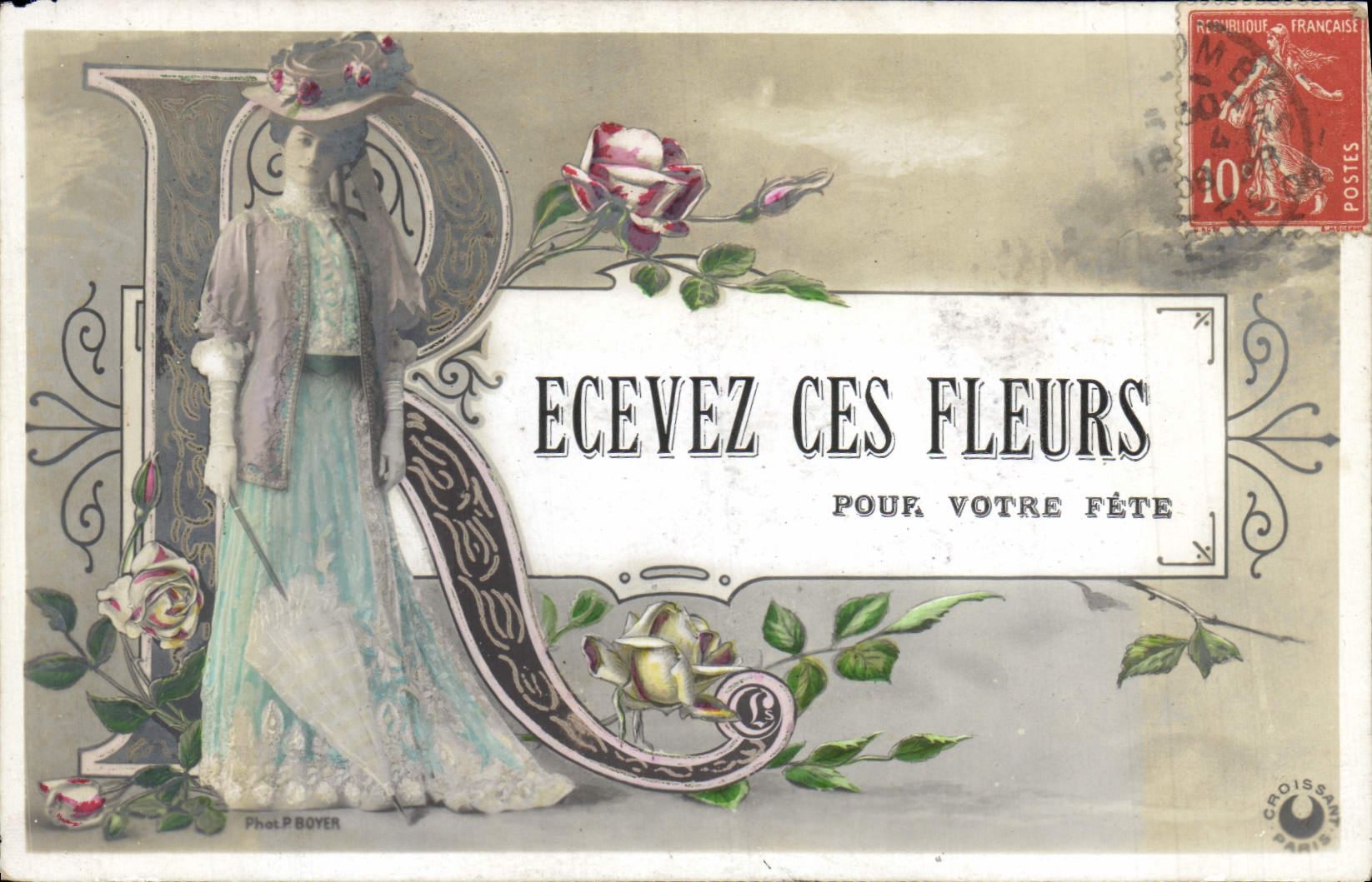 VINTAGE POSTCARD Fantasy Flowers Revevez Woman these flowers