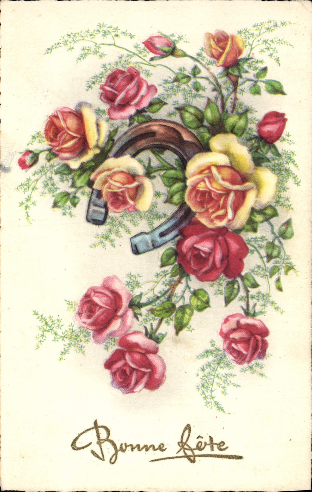 CPA Fantaisie Fleurs Fer a cheval