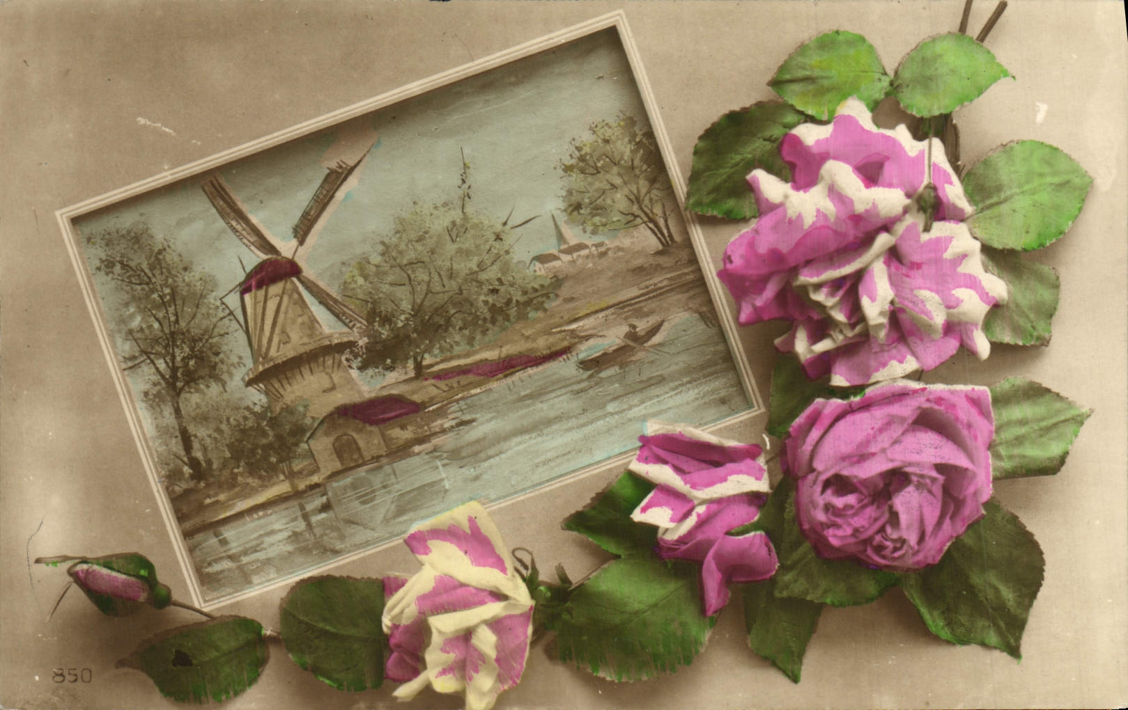 CPA Fantaisie Fleurs Moulin a vent