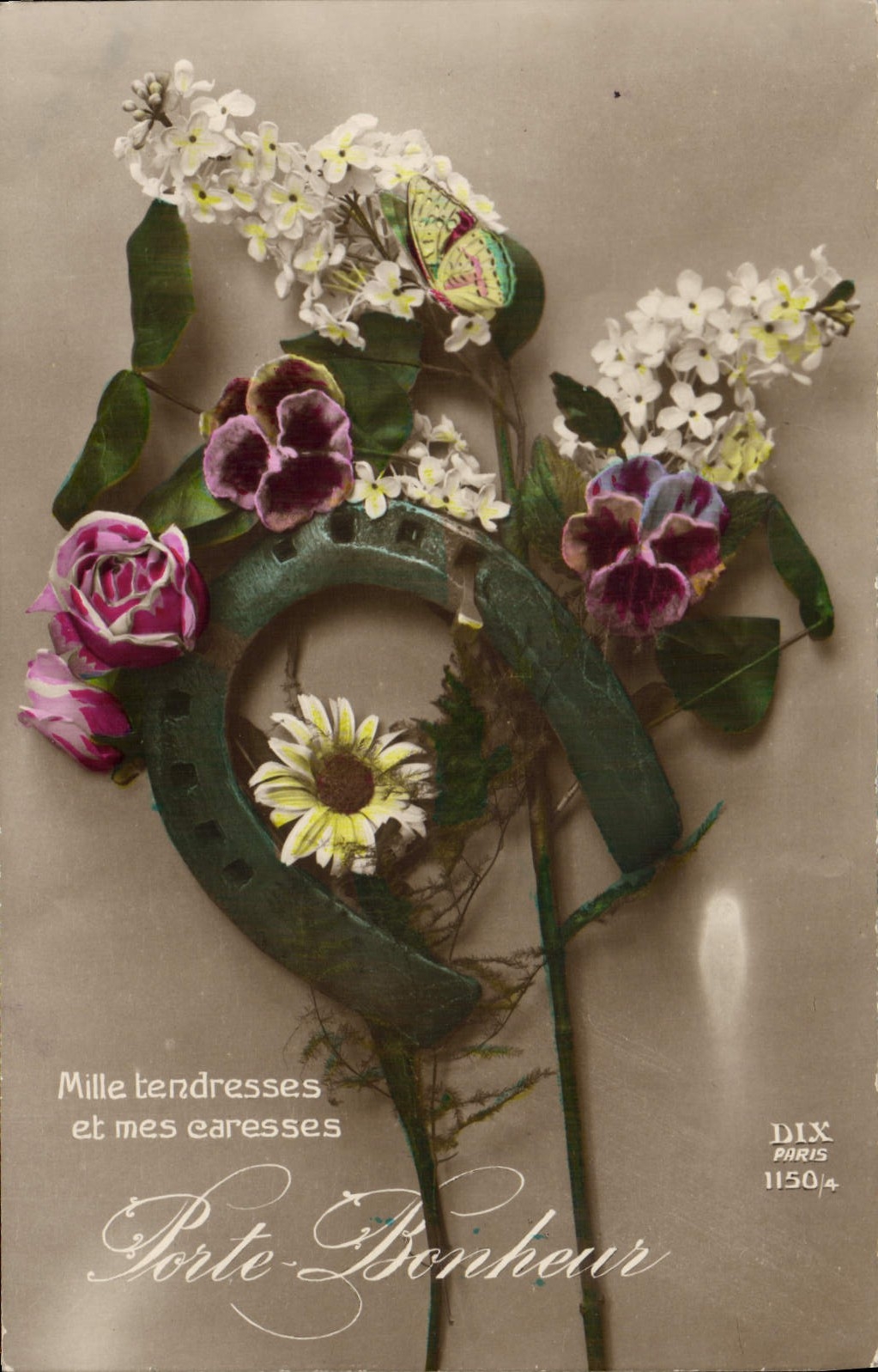 VINTAGE POSTCARD Fantaisie Flowers Horseshoe