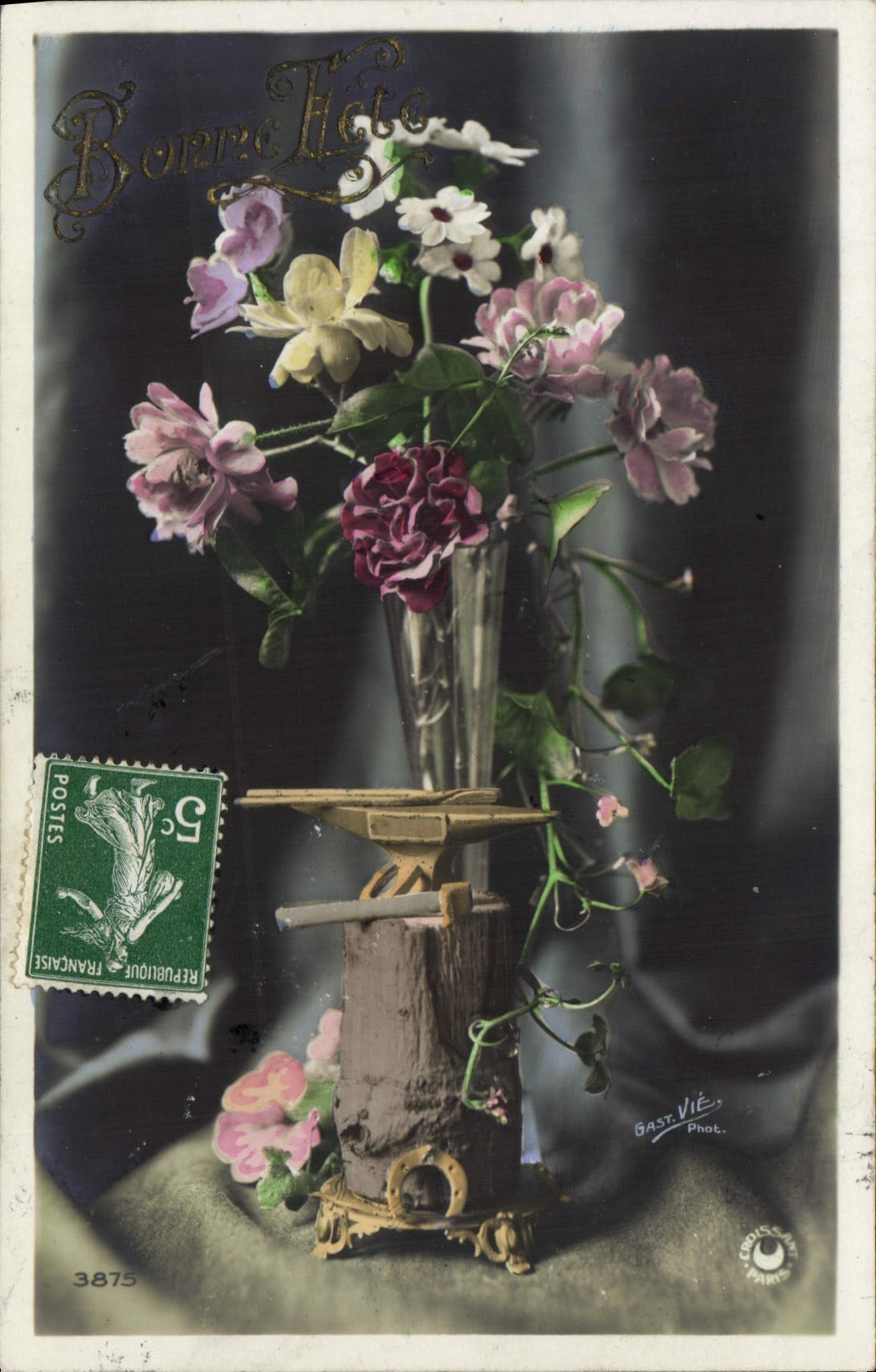 VINTAGE POSTCARD Fantaisie Flowers Horseshoe