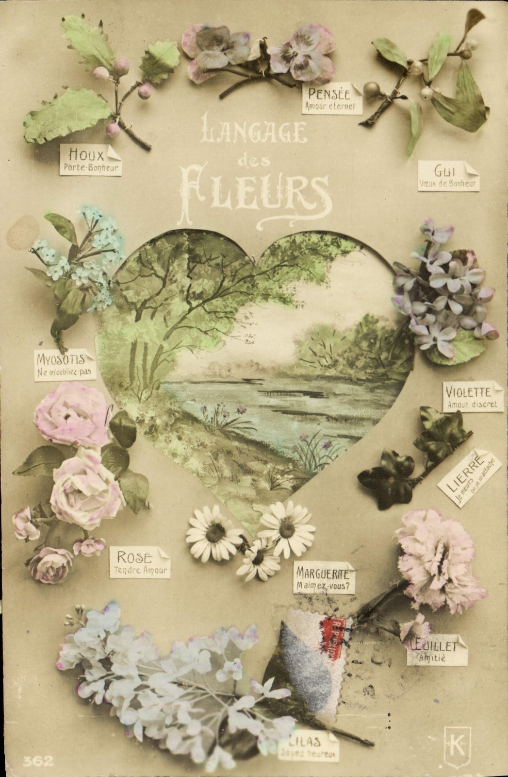 CPA Fantaisie Langage des Fleurs Rose Marguerite Houx Gui Pensee Lilas Lierre Coeur