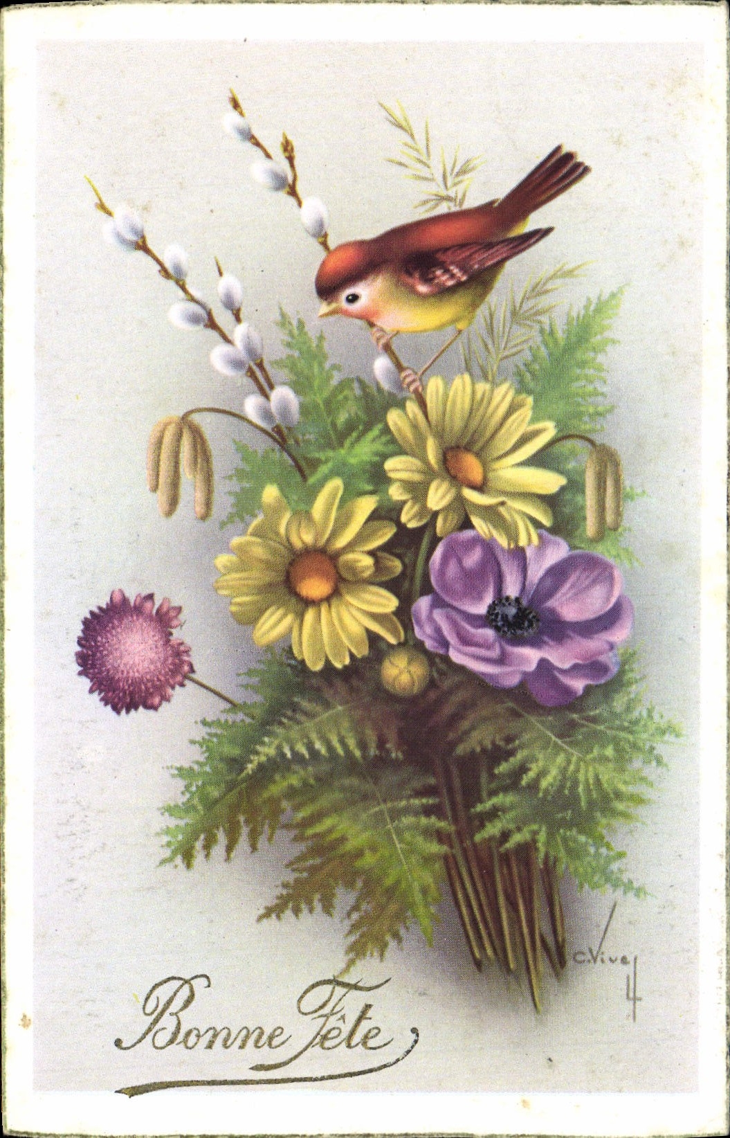 VINTAGE POSTCARD Fantasy Flowers Bird