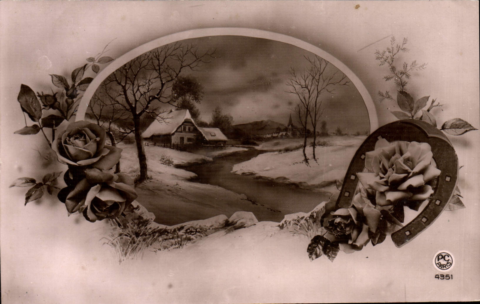 VINTAGE POSTCARD Fantaisie Flowers Horseshoe