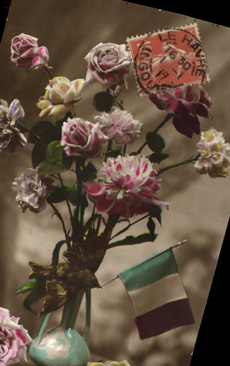 CPA Fantaisie Fleurs Drapeau Bleu Blanc Rouge