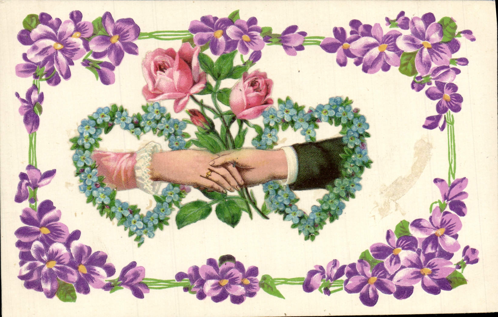 CPA Fantaisie Fleurs Coeur Mains