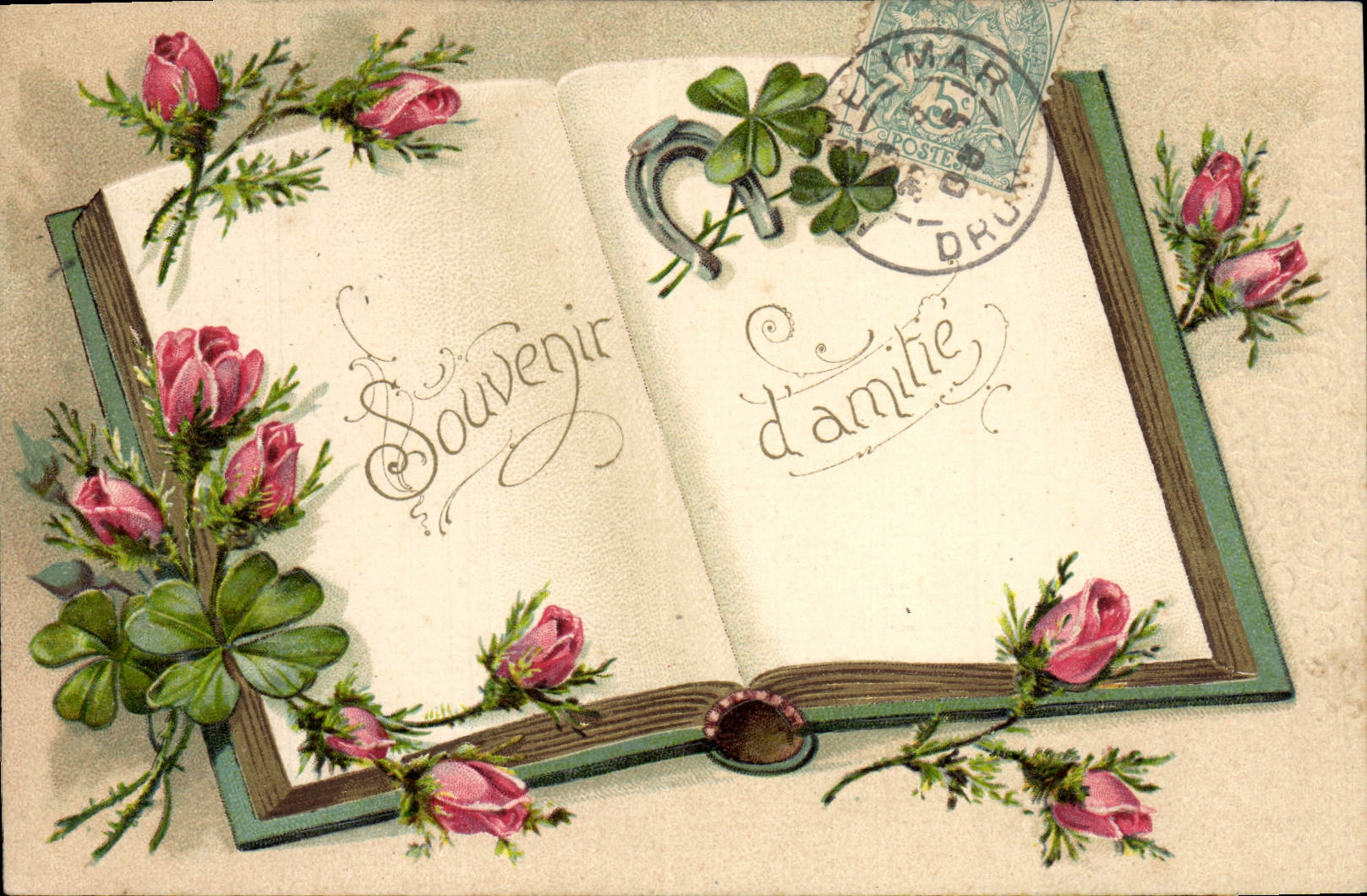 VINTAGE POSTCARD Fantaisie Flowers Clover Horseshoe