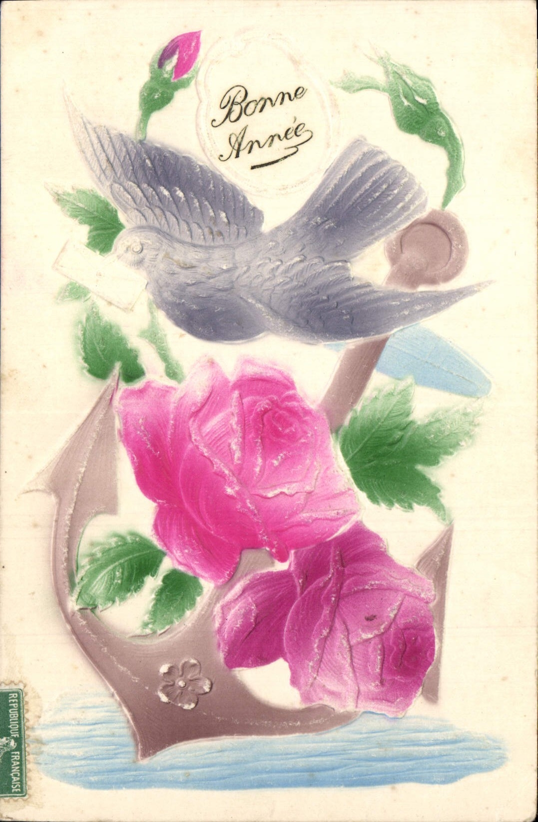 CPA Fantaisie Fleurs Colombe Ancre de marine