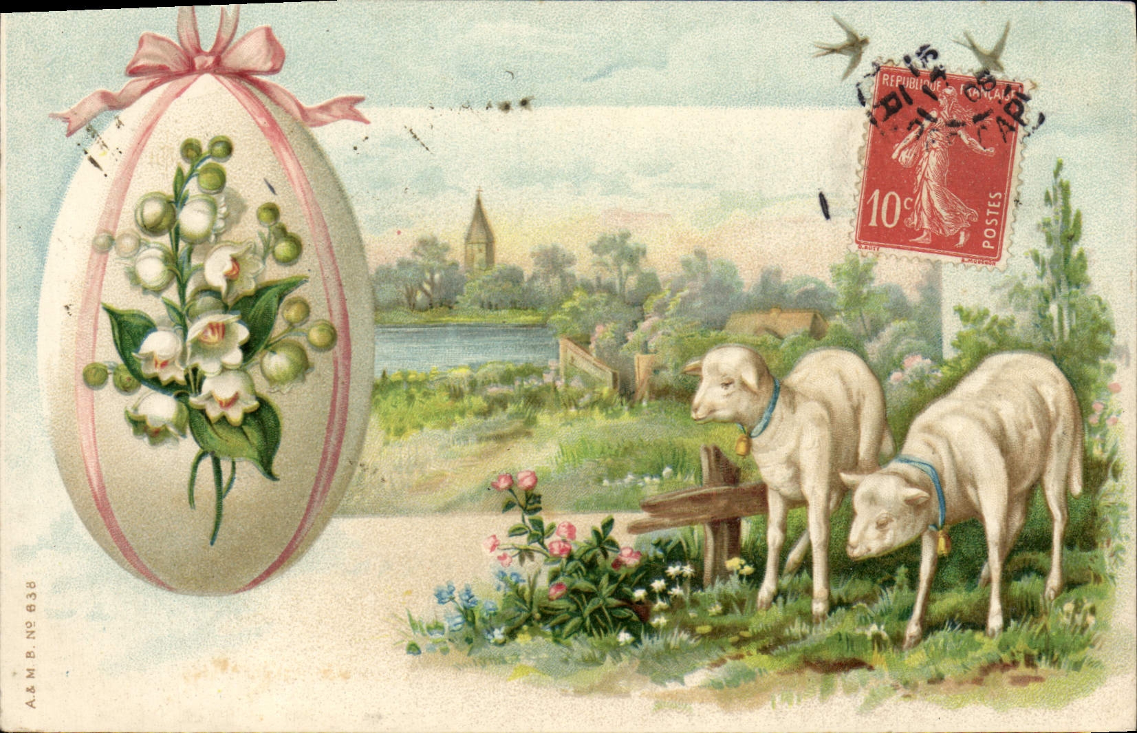 CPA Fantaisie Fleurs Agneaux Moutons Muguet