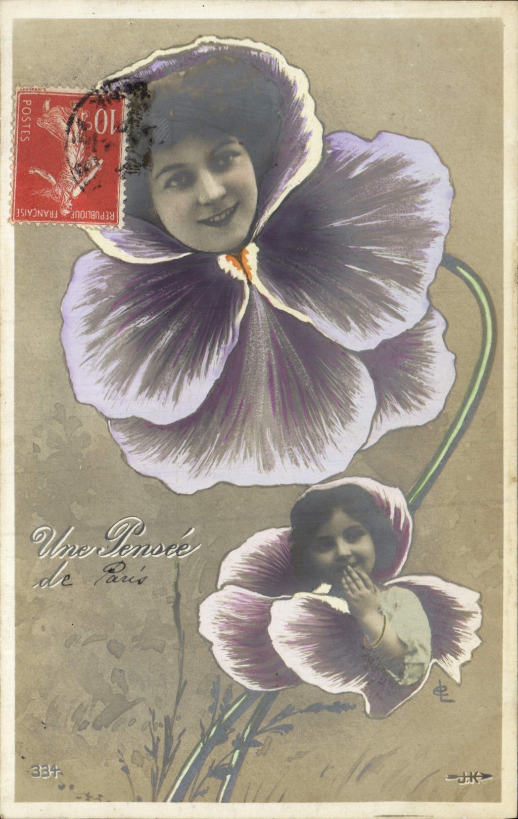 CPA Fantaisie Fleurs Femme Enfant