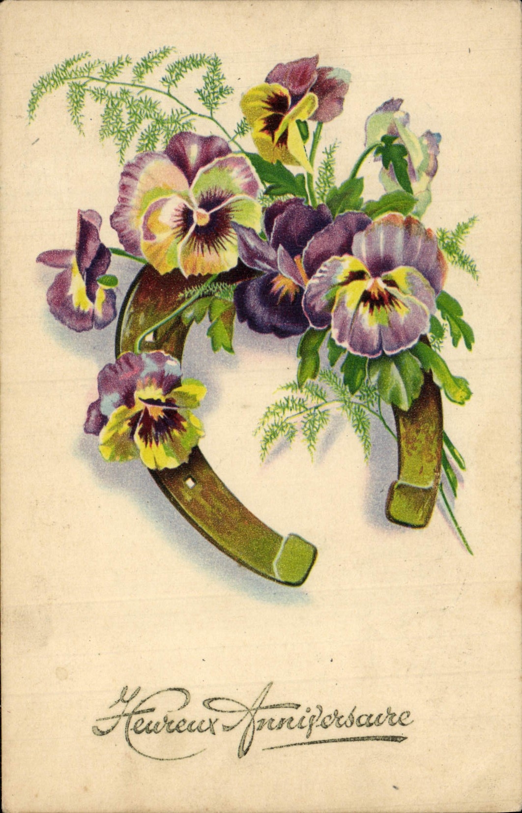VINTAGE POSTCARD Fantaisie Flowers Horseshoe