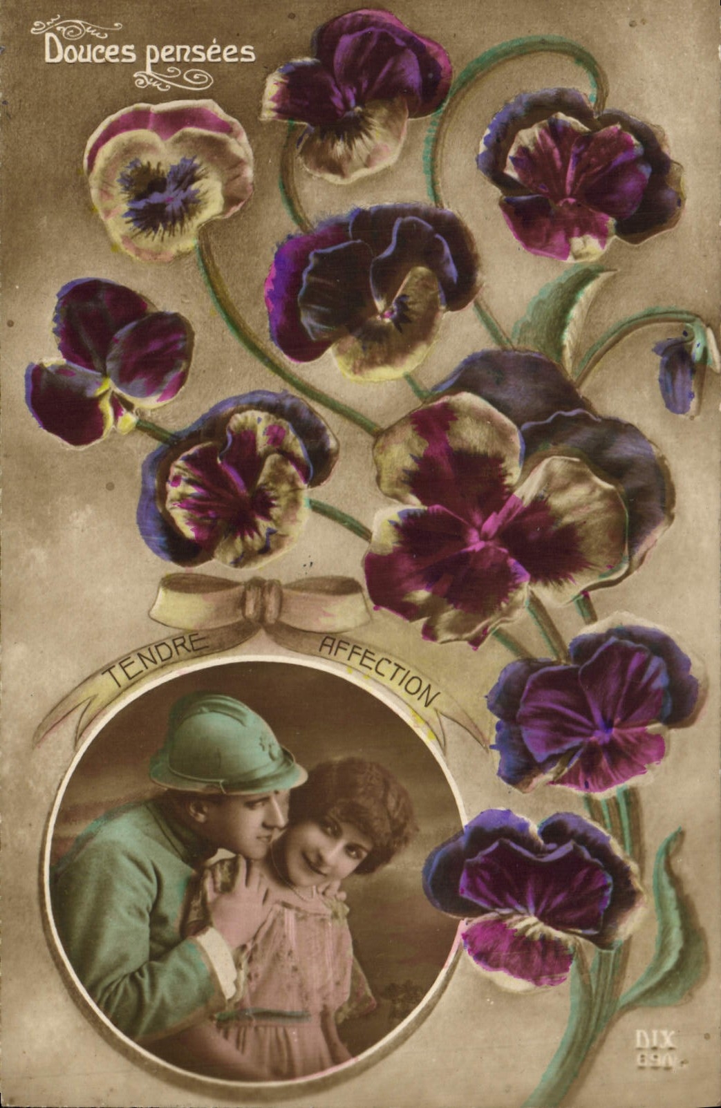 CPA Fantaisie Fleurs Femme Soldat Poilu