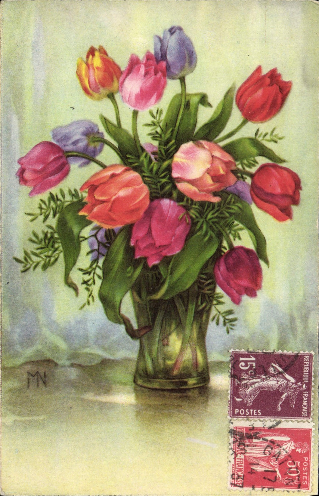 Flores de la fantasía de la POSTAL de la VENDIMIA