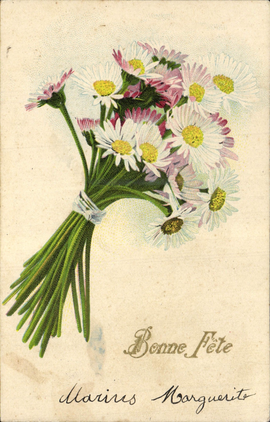 La fantasía de la POSTAL de la VENDIMIA florece margaritas