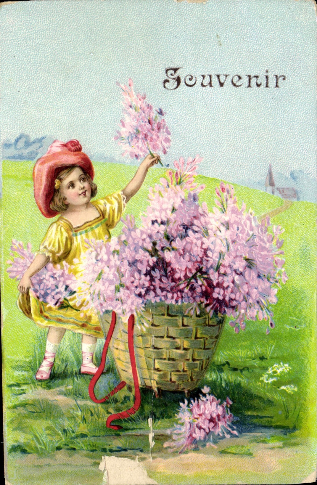 Niño de flores de la fantasía de la POSTAL de la VENDIMIA