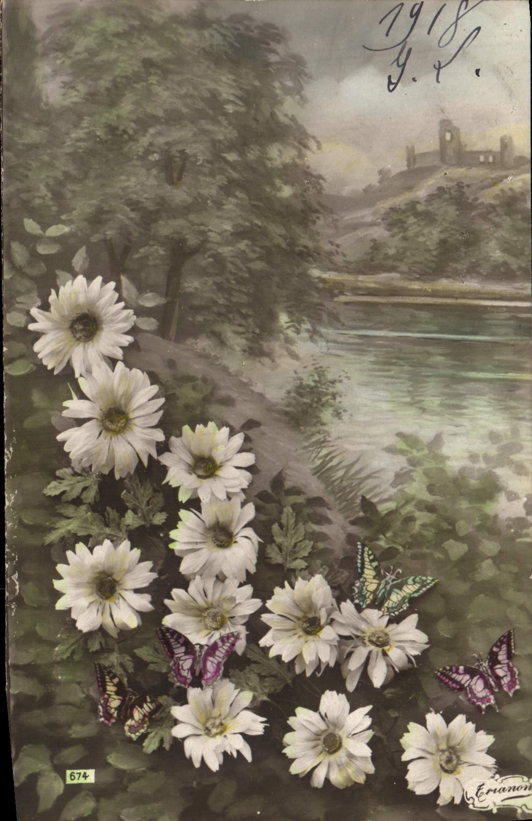 La fantasía de la POSTAL de la VENDIMIA florece mariposas