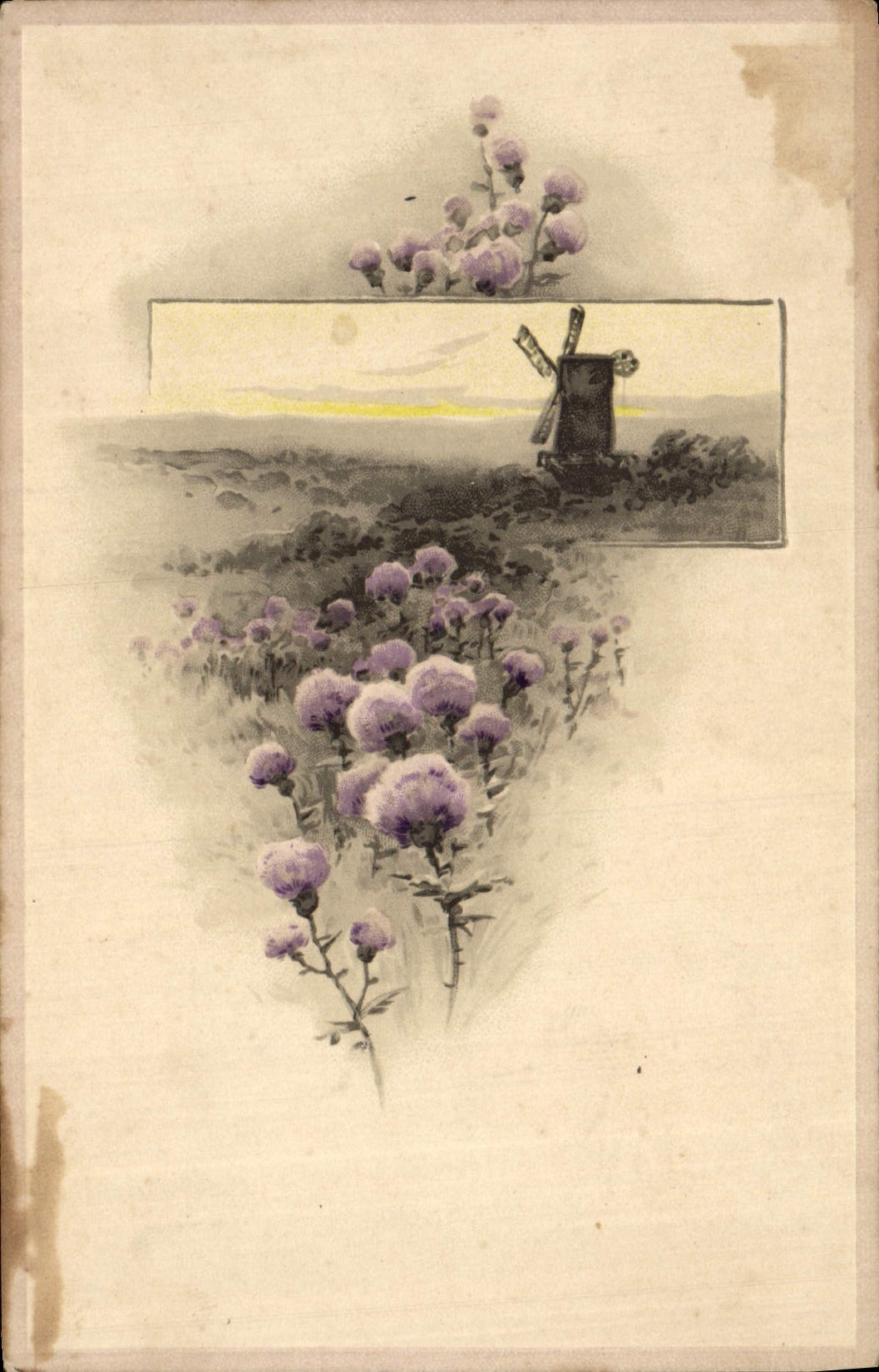 La fantasía de la POSTAL de la VENDIMIA florece el molino de viento