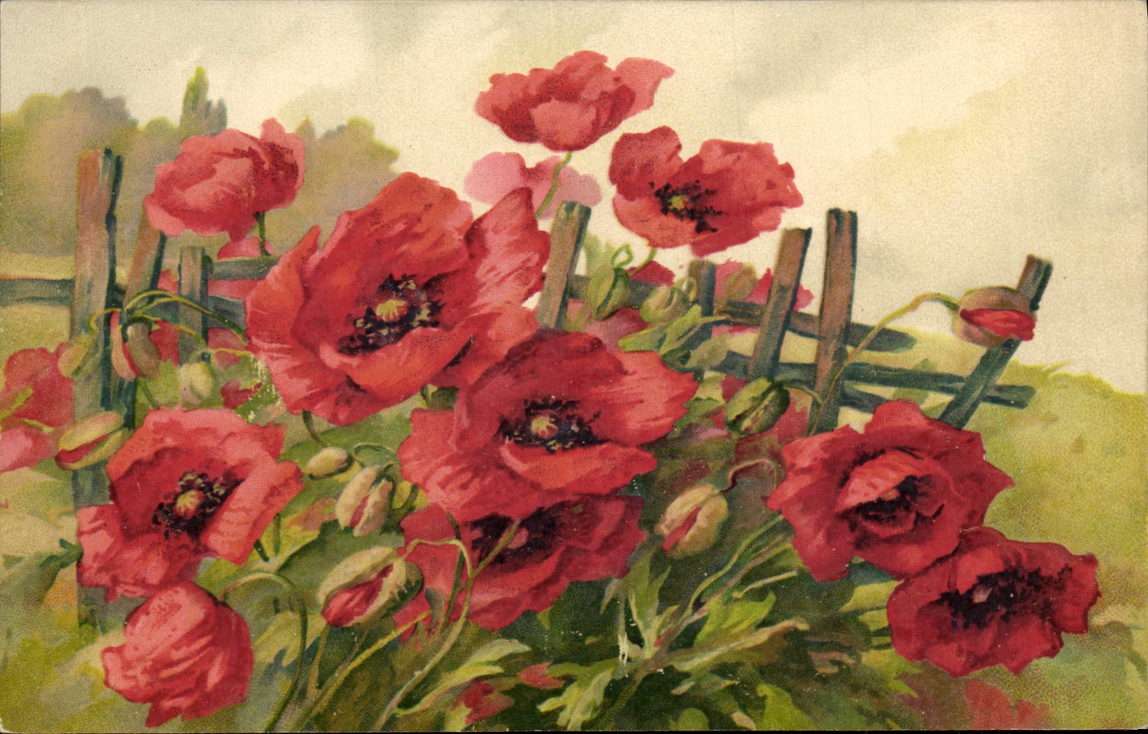 Flores de la fantasía de la POSTAL de la VENDIMIA