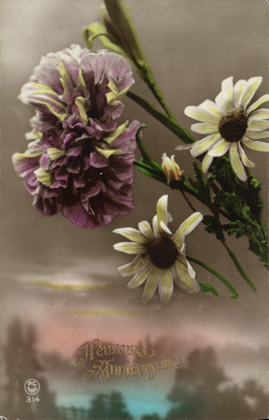 Flores de la fantasía de la POSTAL de la VENDIMIA