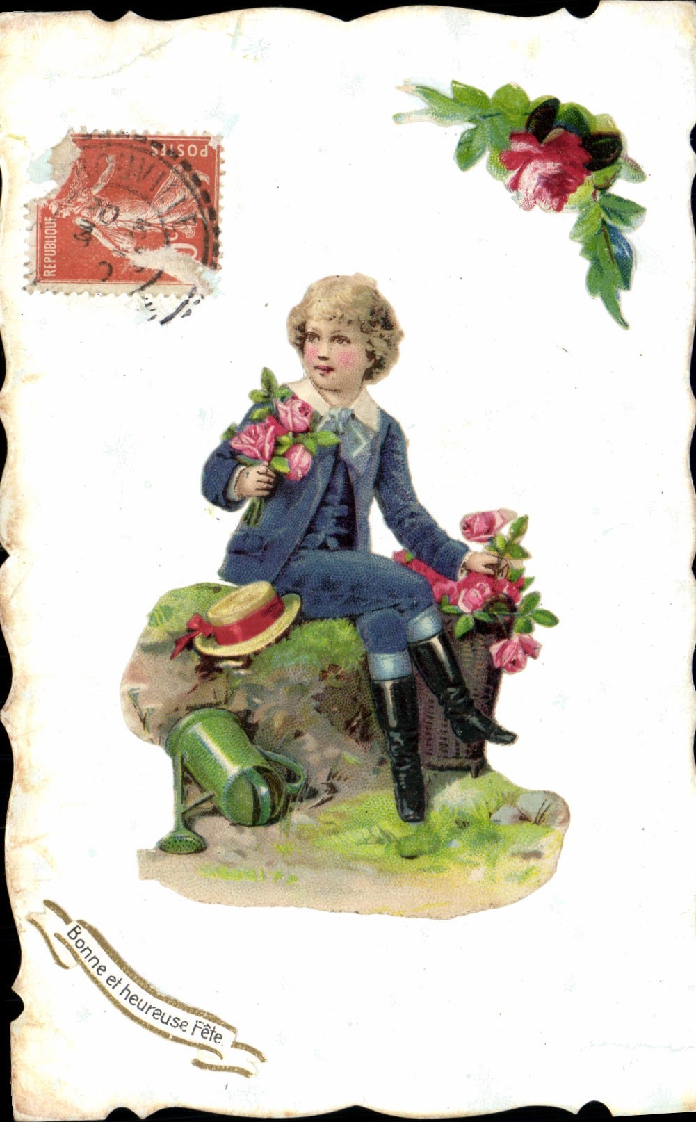 Niño de flores de la fantasía de la POSTAL de la VENDIMIA
