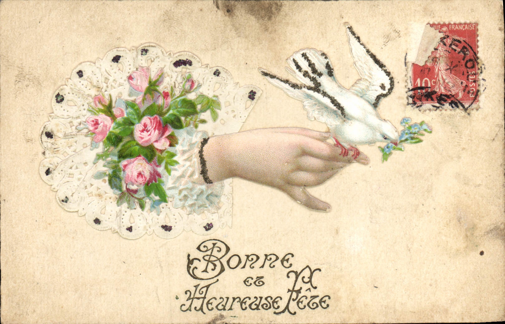 Paloma de las flores de la fantasía de la POSTAL de la VENDIMIA