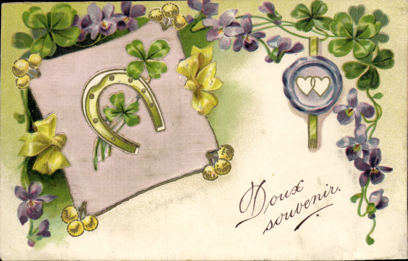 VINTAGE POSTCARD Fantaisie Flowers Horseshoe Trefles