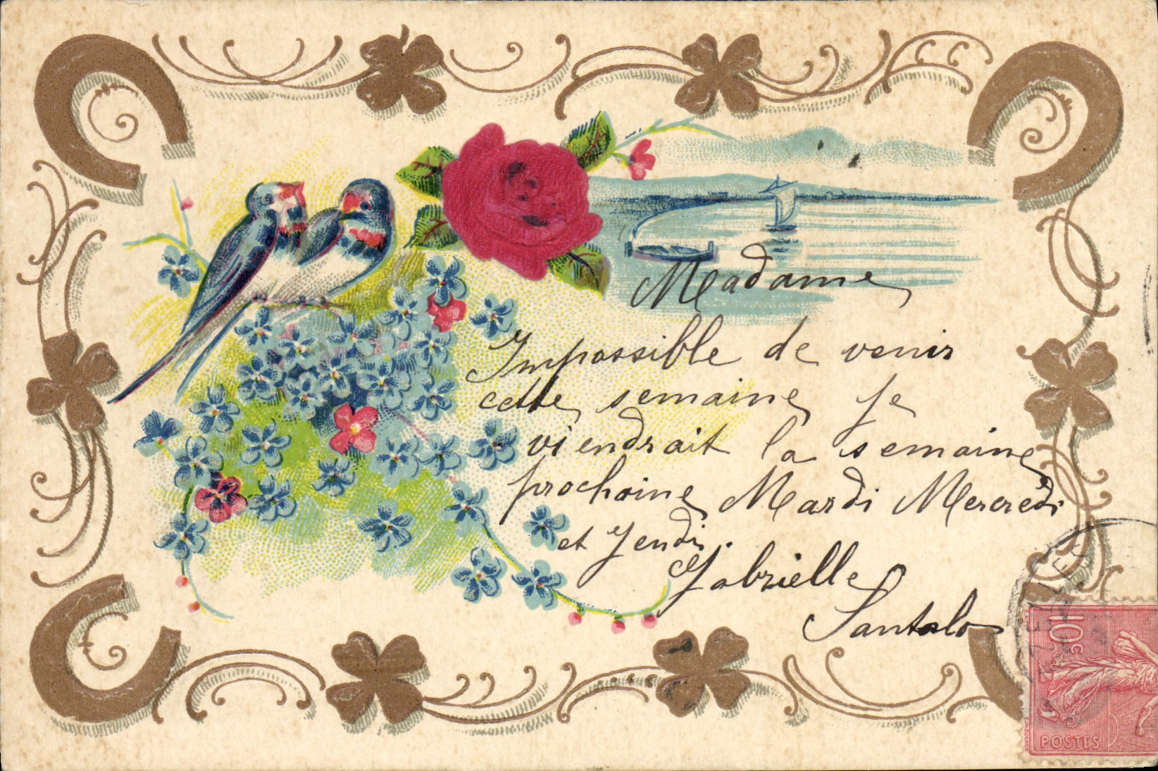 CPA Fantaisie Fleurs Hirondelles Fer a cheval