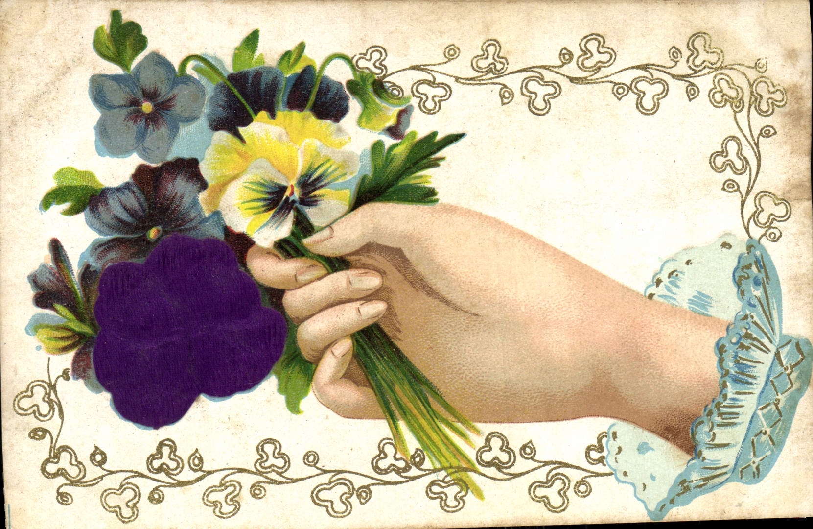 La fantasía de la POSTAL de la VENDIMIA florece la mano