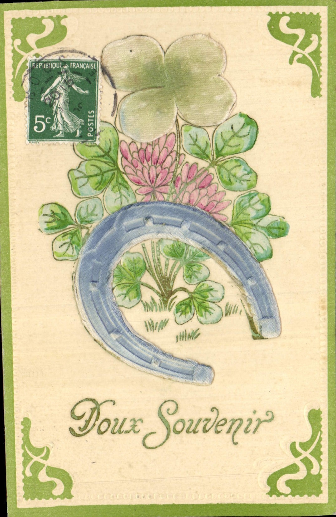 VINTAGE POSTCARD Fantaisie Flowers Clover Horseshoe