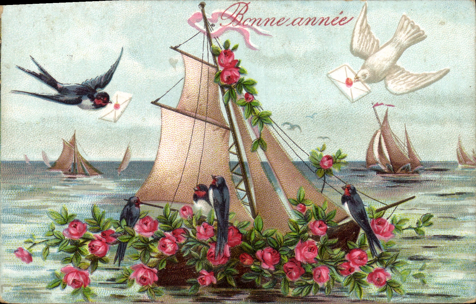 CPA Fantaisie Fleurs Bateau Colombe Hirrondelle