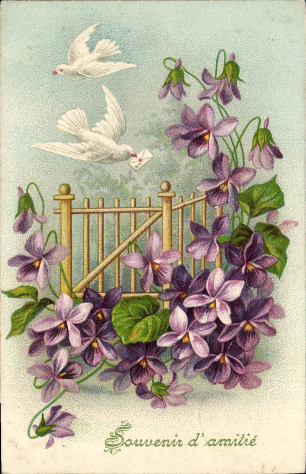 La fantasía de la POSTAL de la VENDIMIA florece palomas