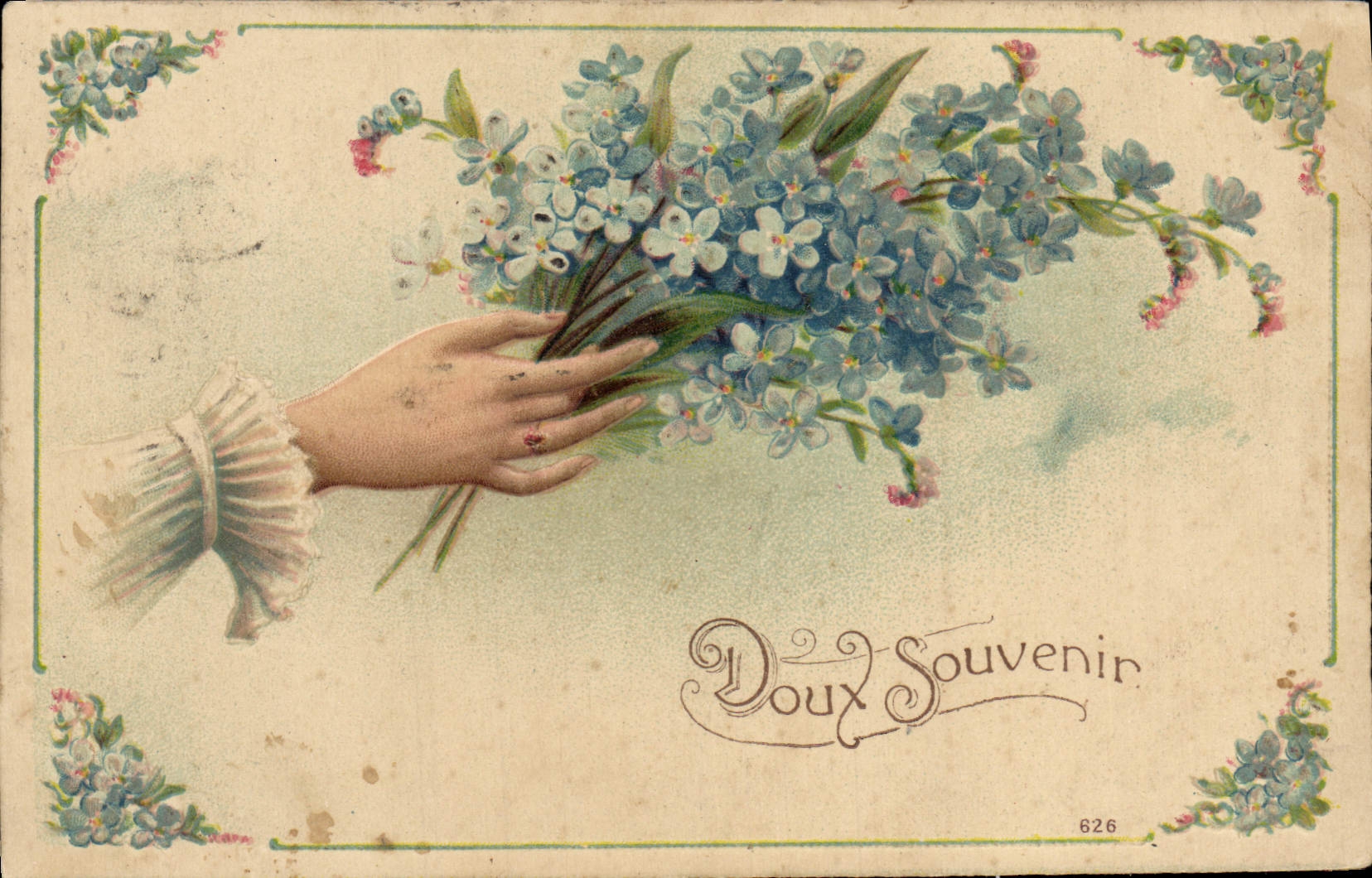 La fantasía de la POSTAL de la VENDIMIA florece la mano