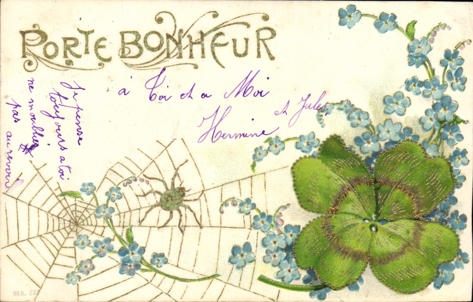 CPA Fantaisie Fleurs Araignee Trefle Insecte