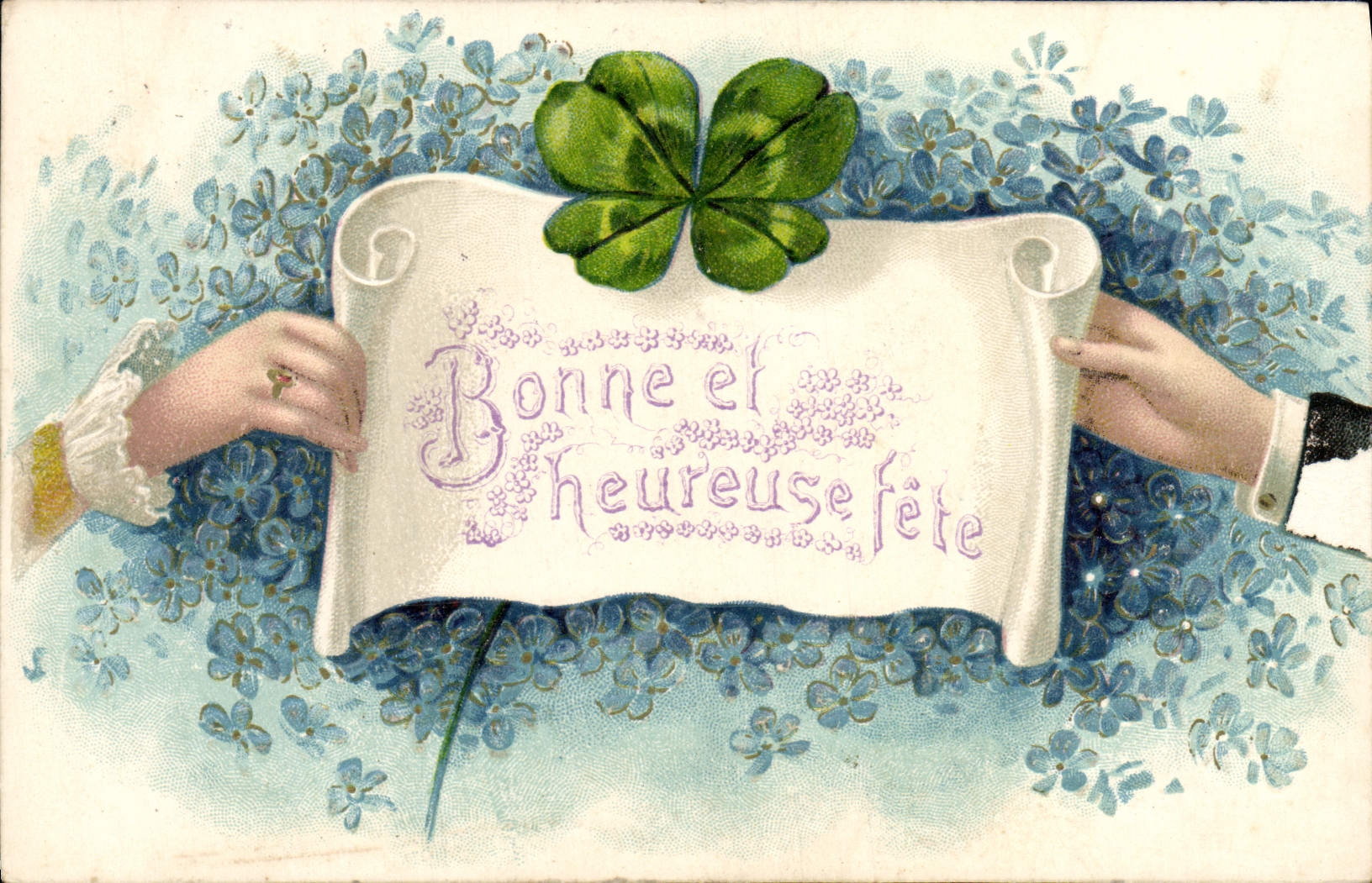 CPA Fantaisie Fleurs Mains Trefle