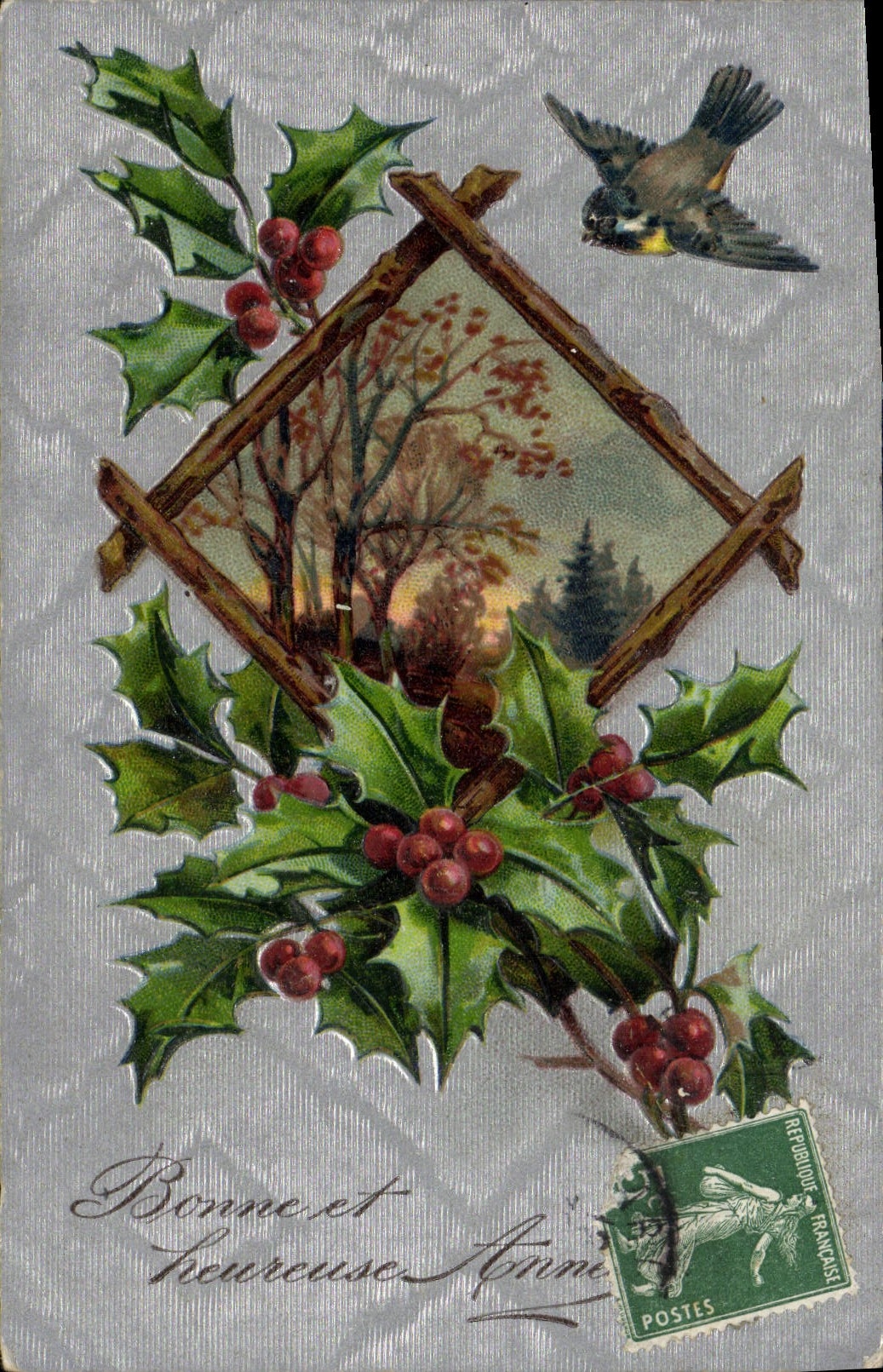 La fantasía de la POSTAL de la VENDIMIA florece el pájaro