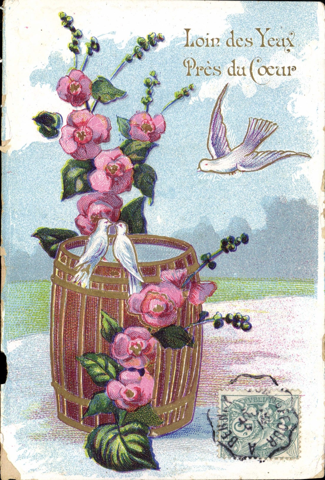 La fantasía de la POSTAL de la VENDIMIA florece palomas