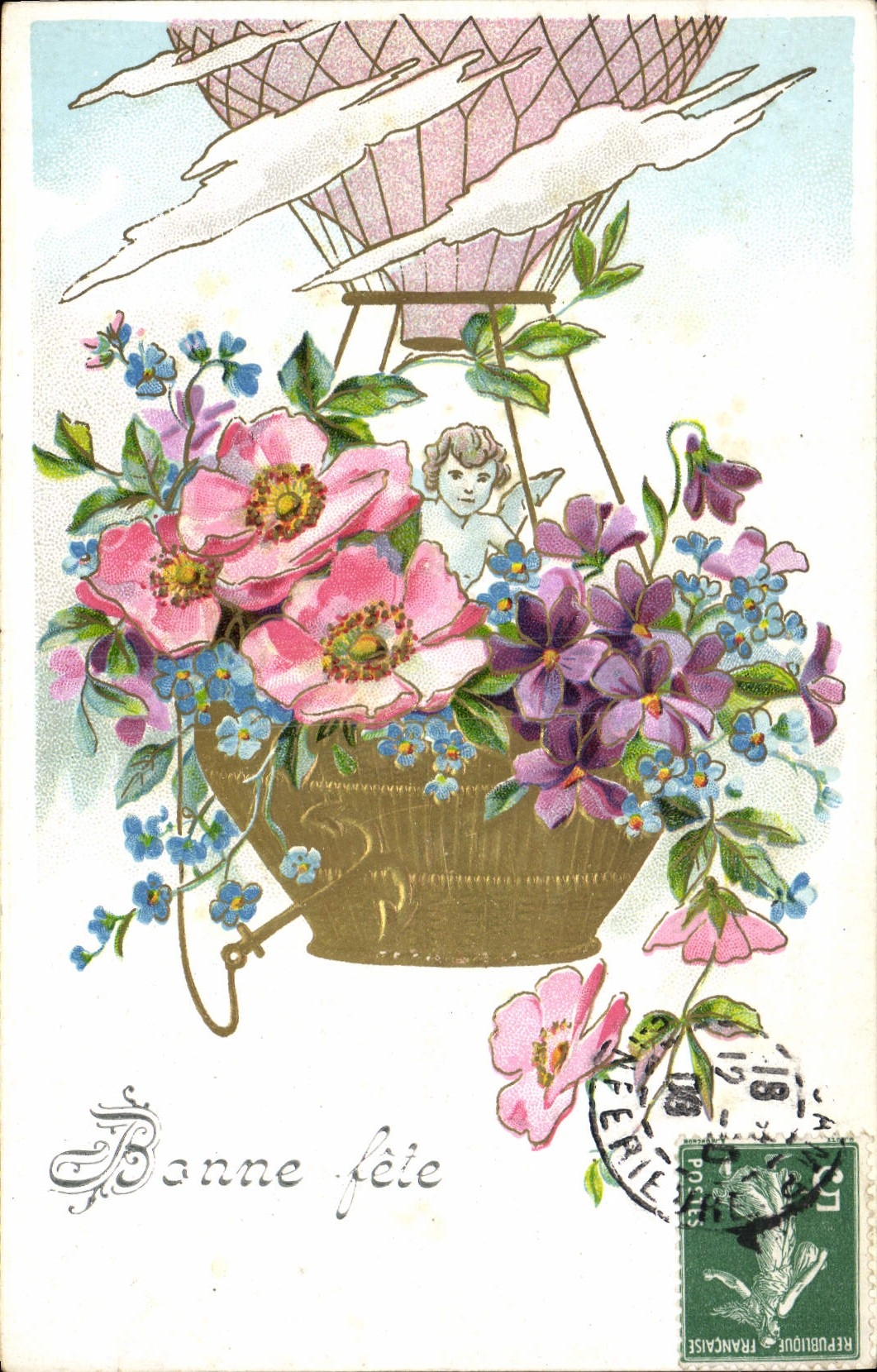 VINTAGE POSTCARD Fantasy Flowers Airship angel