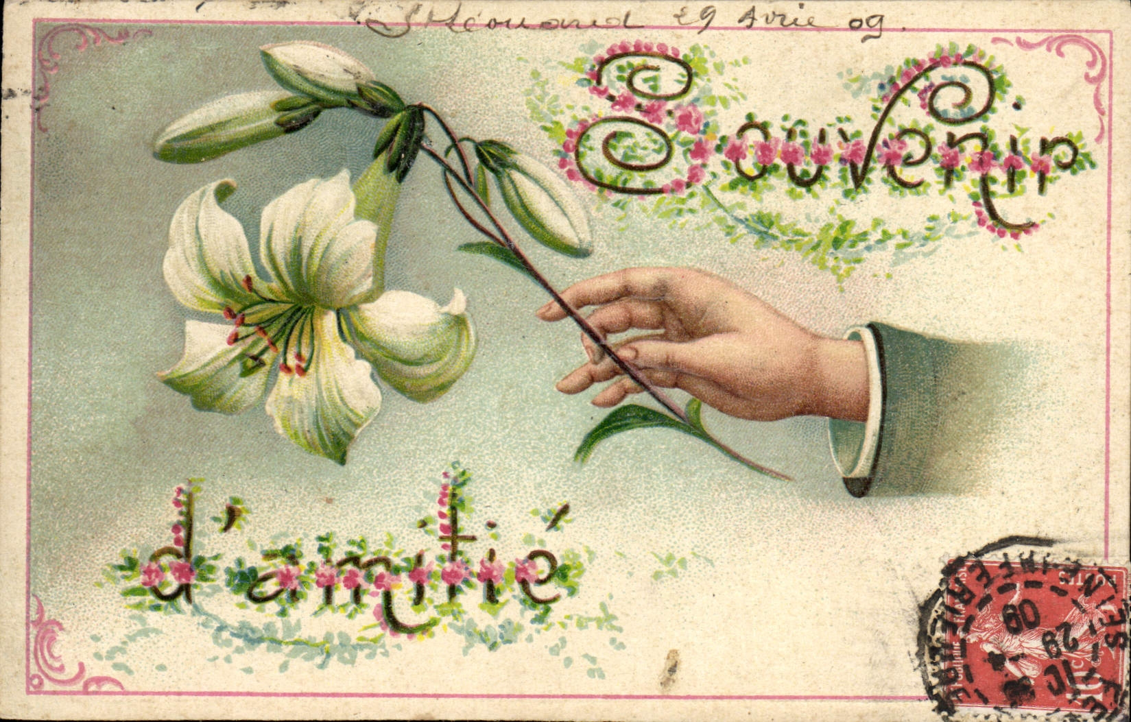 La fantasía de la POSTAL de la VENDIMIA florece la mano