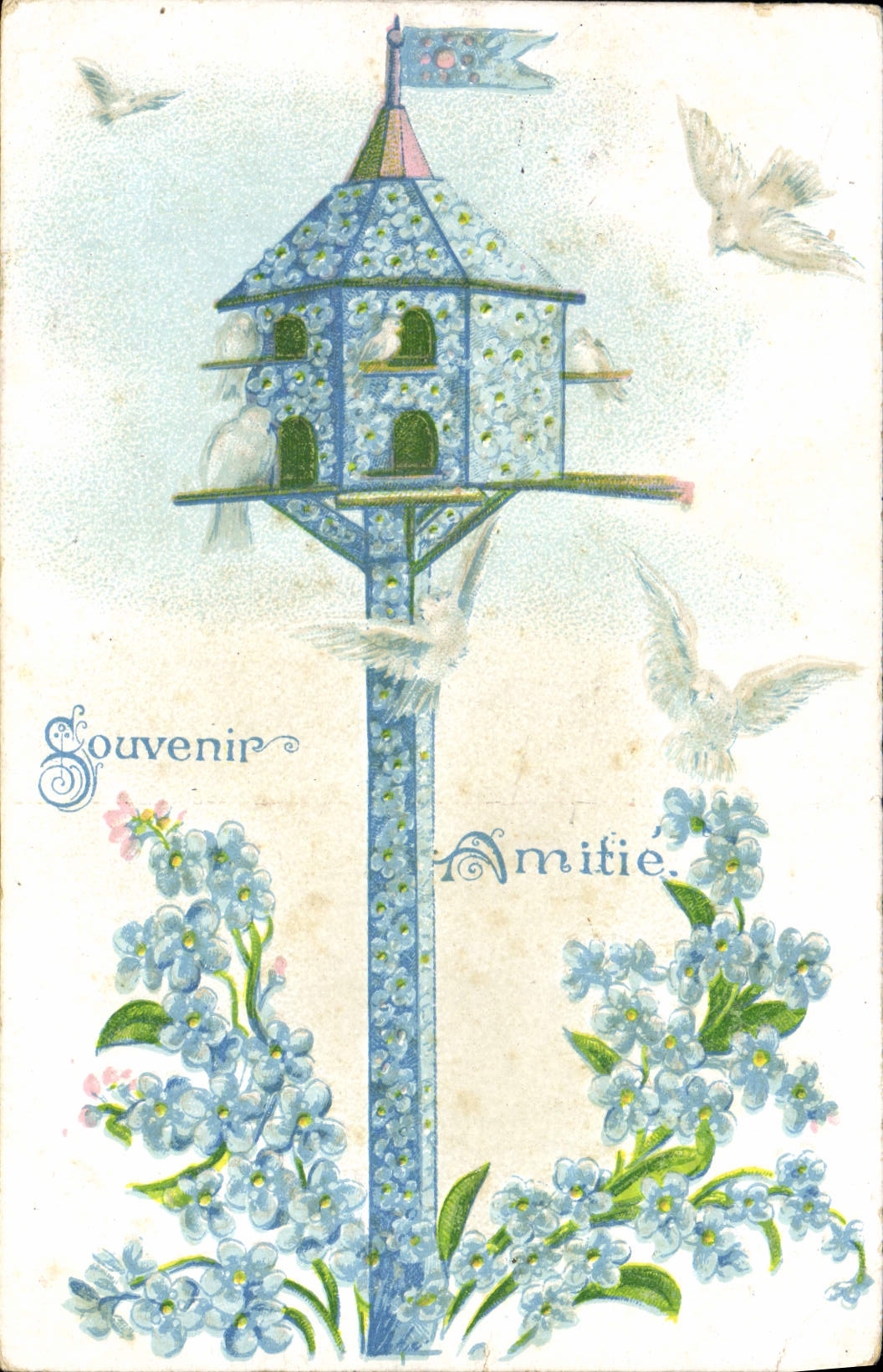 La fantasía de la POSTAL de la VENDIMIA florece palomas