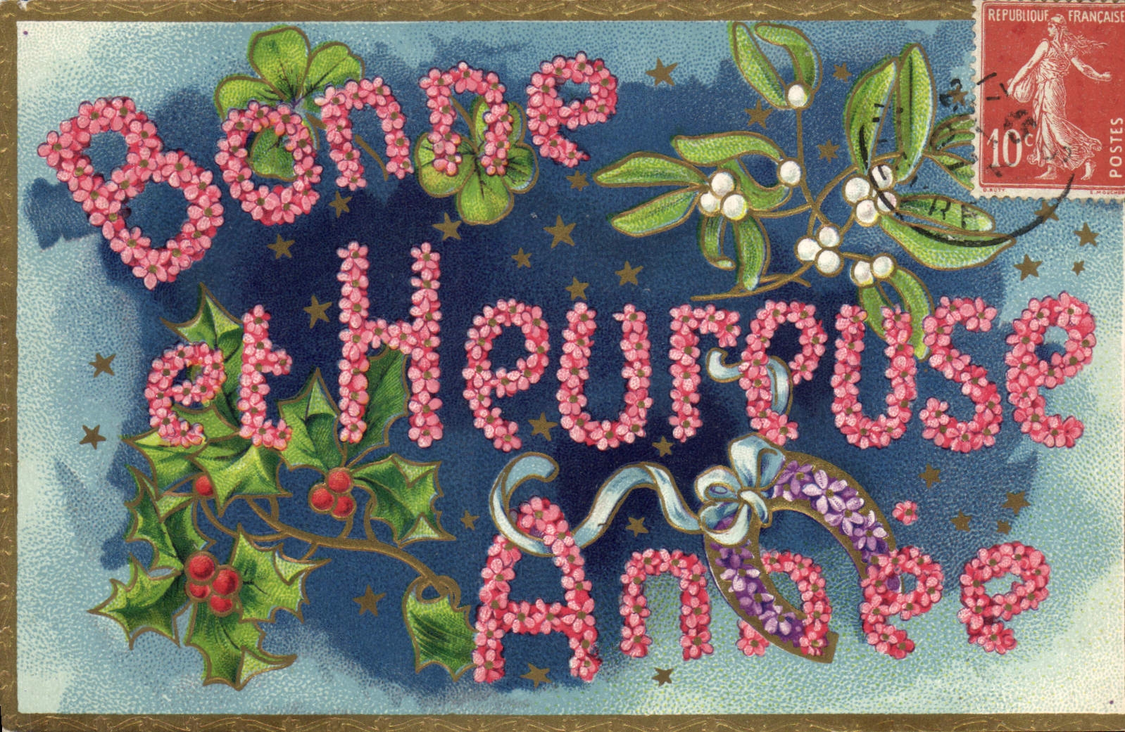 CPA Fantaisie Fleurs Bonne annee Fer a cheval