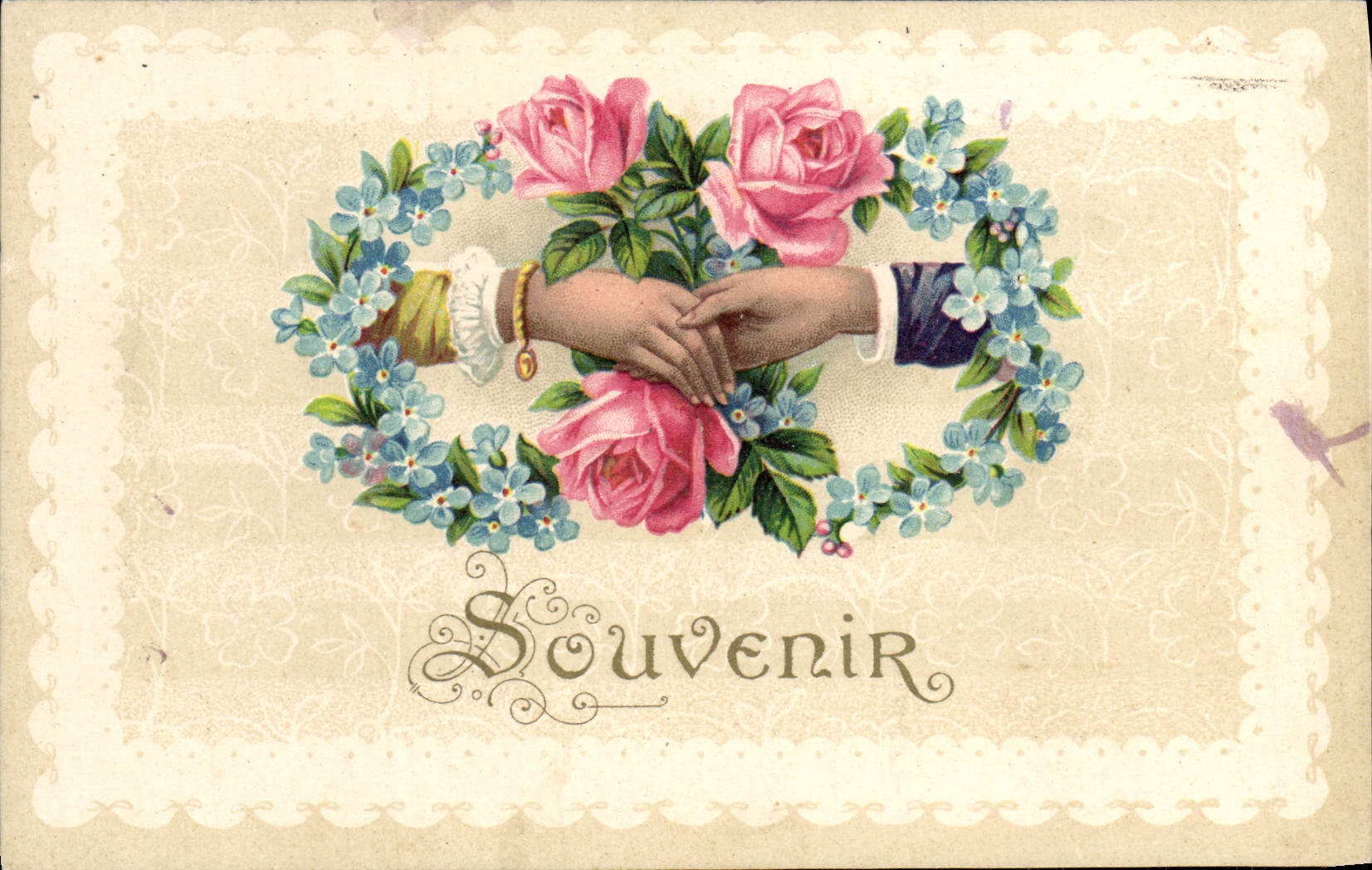 La fantasía de la POSTAL de la VENDIMIA florece las manos