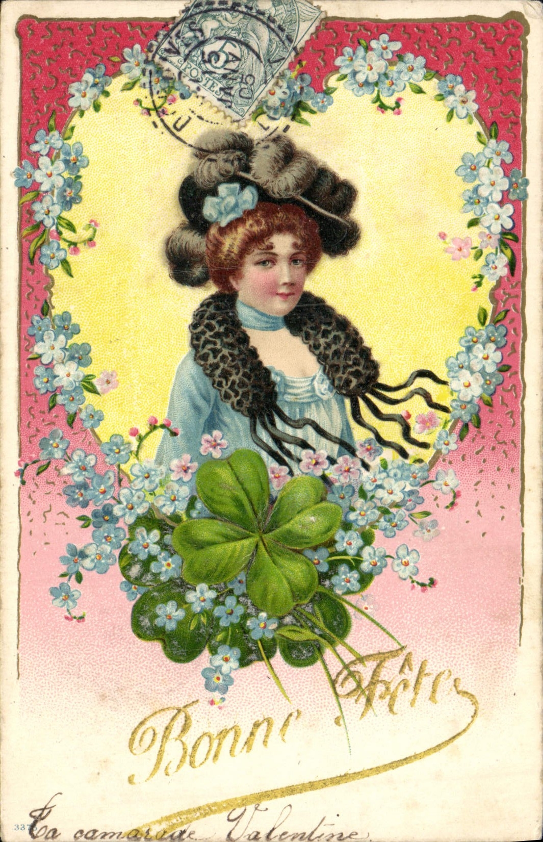 VINTAGE POSTCARD Fantasy Flowers Woman Clover