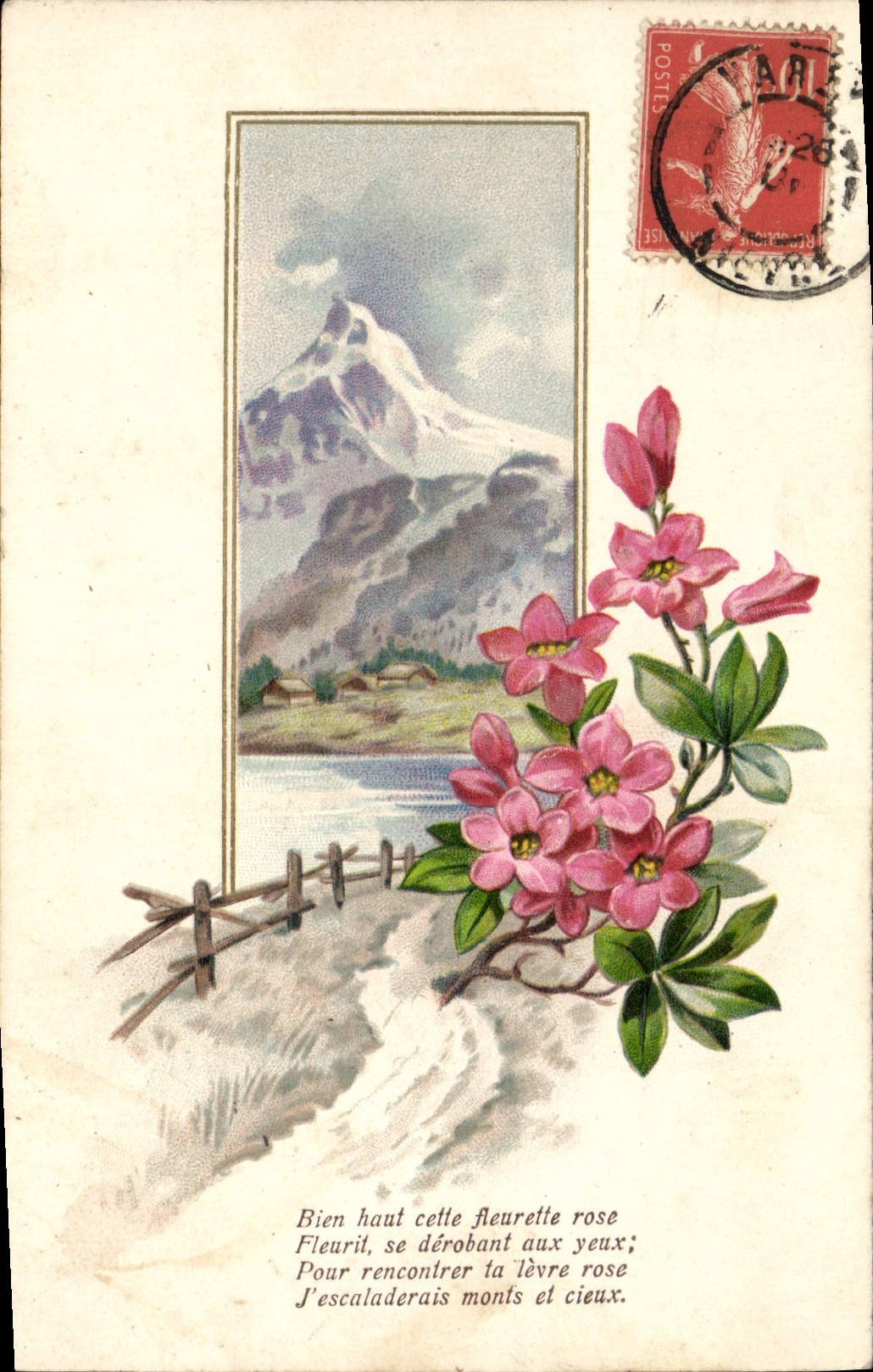 VINTAGE POSTCARD Fantasy Flowers Mountain