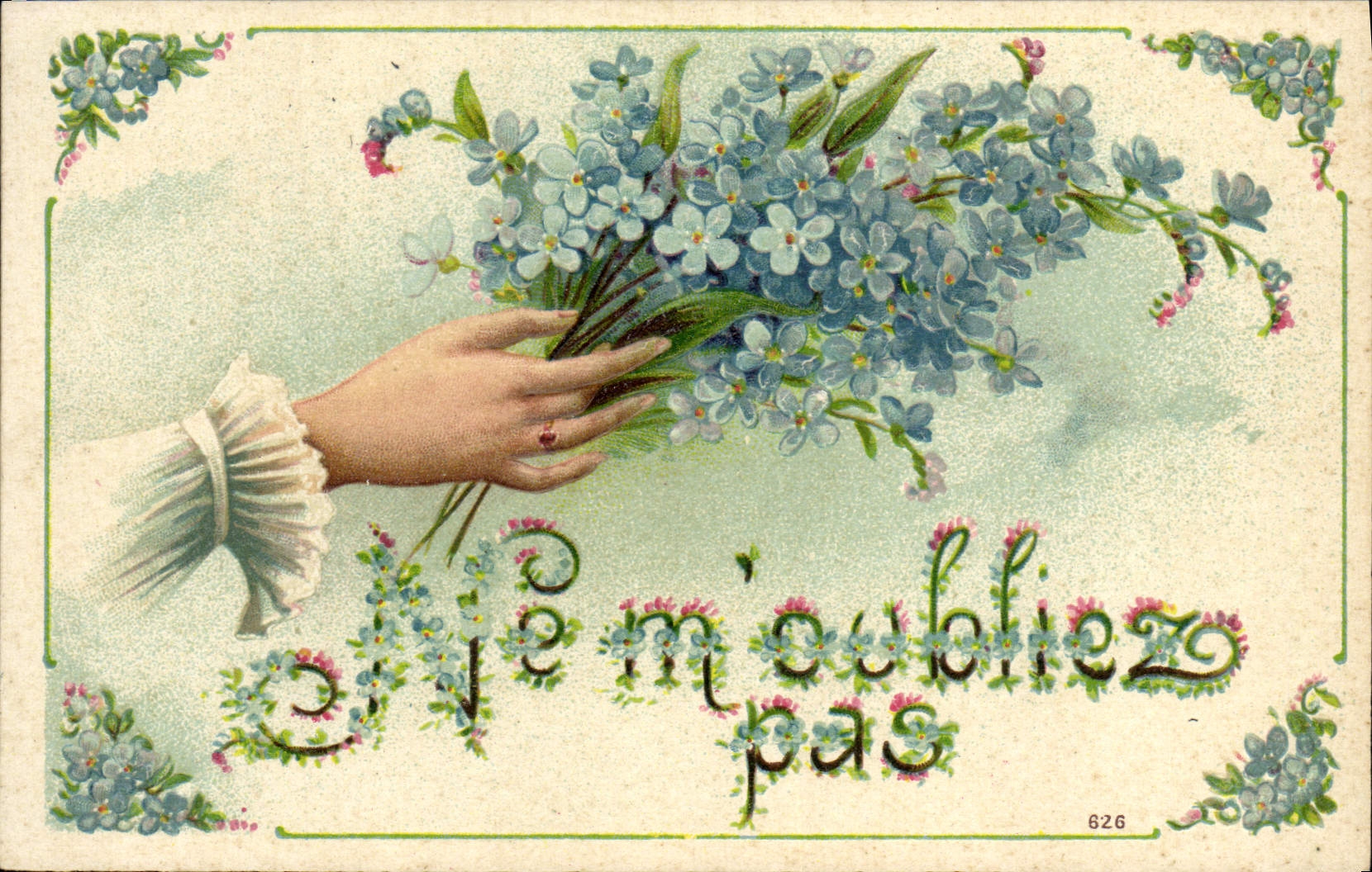 La fantasía de la POSTAL de la VENDIMIA florece la mano