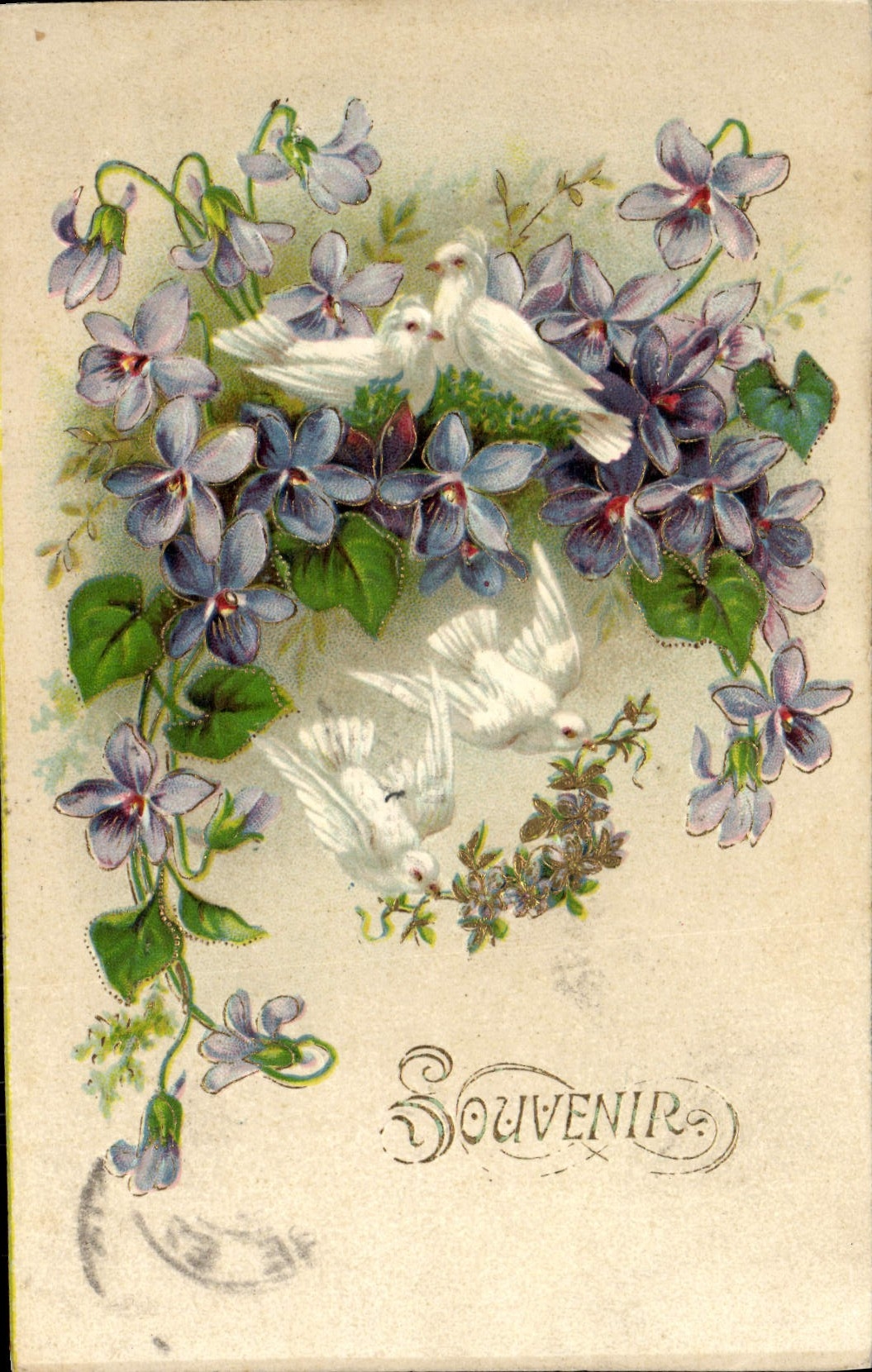 La fantasía de la POSTAL de la VENDIMIA florece palomas