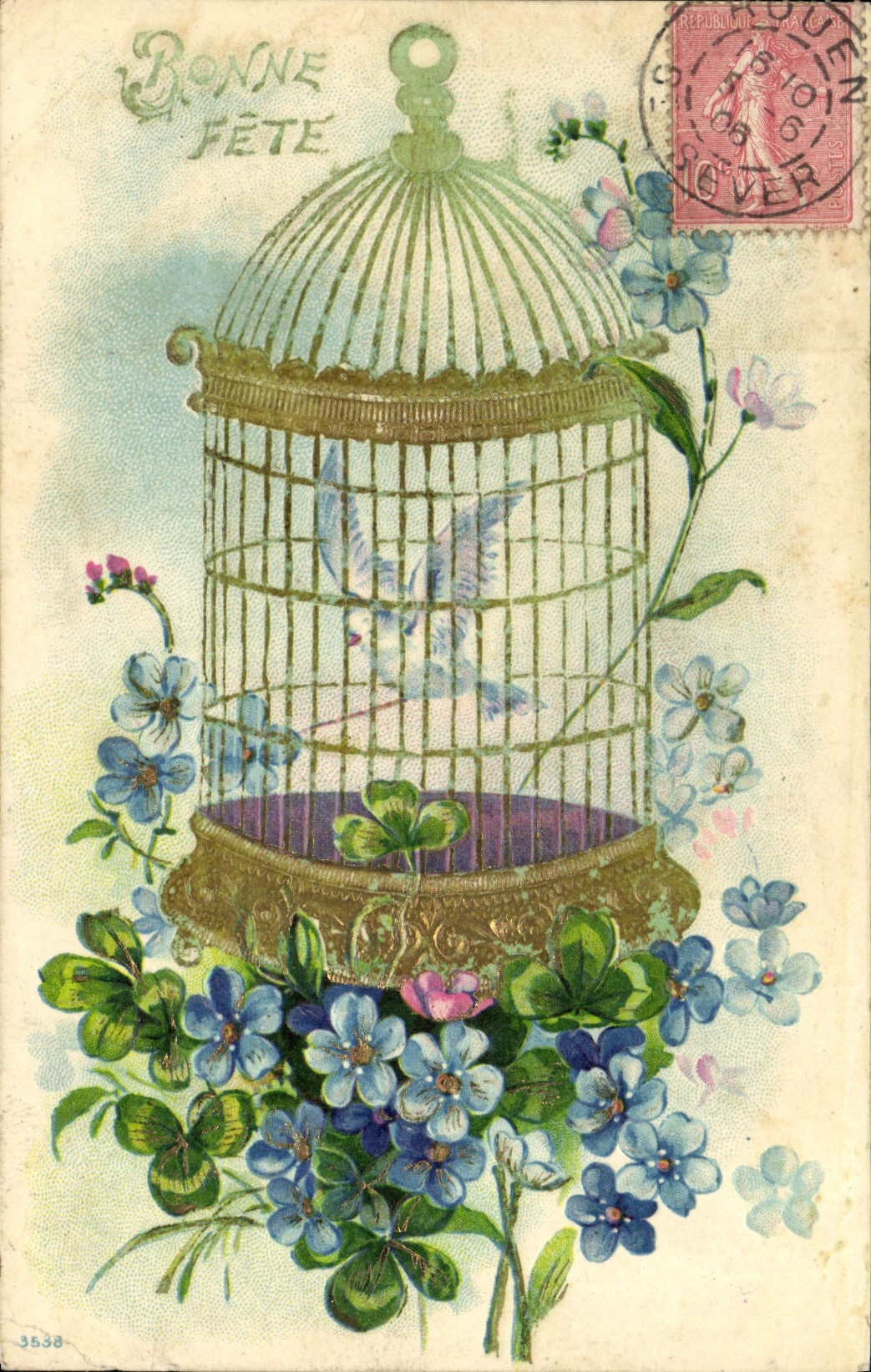 VINTAGE POSTCARD Fantasy Flowers Cage Bird Clover