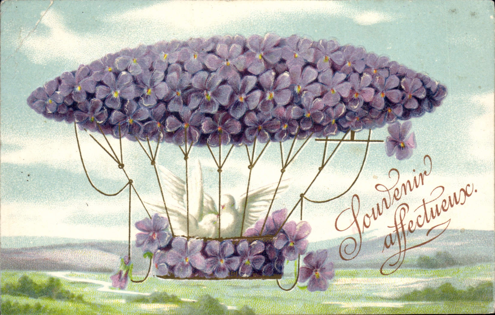 VINTAGE POSTCARD Fantasy Flowers Doves Airship Zeppelin
