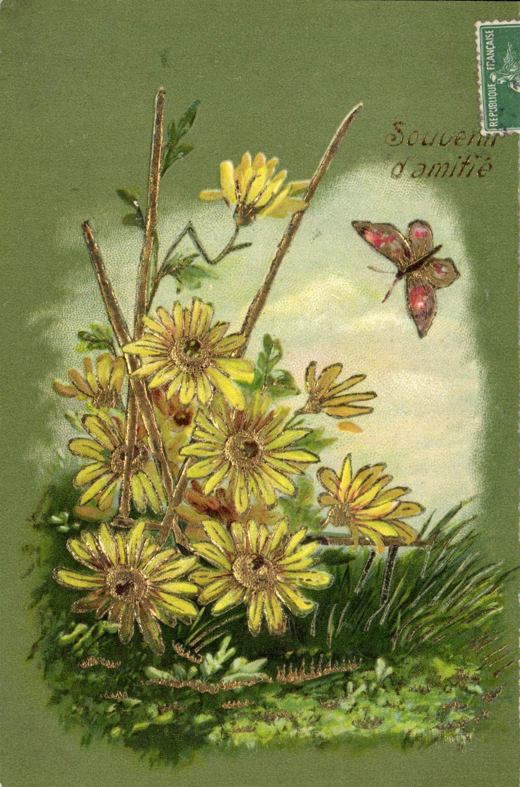 La fantasía de la POSTAL de la VENDIMIA florece la mariposa