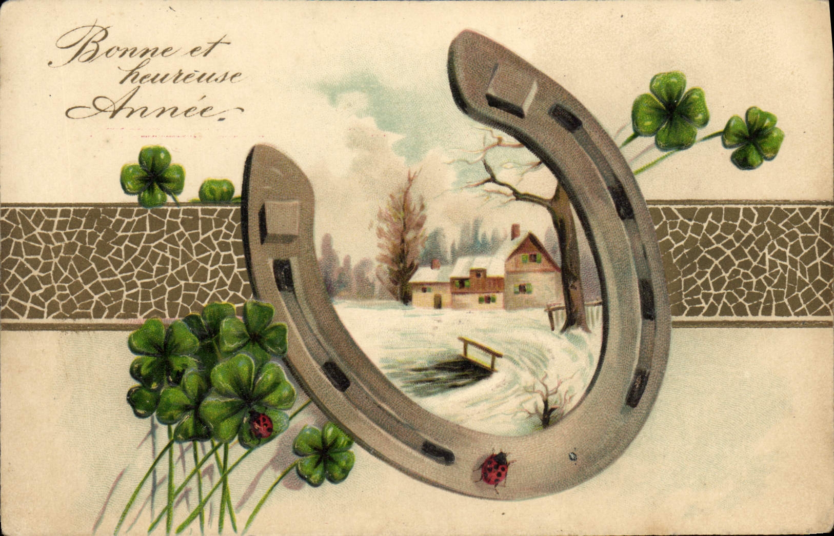 VINTAGE POSTCARD Fantaisie Flowers Clover Horseshoe